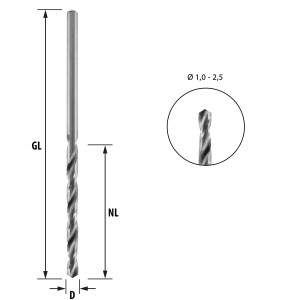 ENT HSS-G Holzspiralbohrer &Oslash; 1 - 5mm in 0,5 mm Schritten - geschliffener HSS Holzbohrer