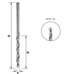 ENT HSS-G Holzspiralbohrer &Oslash; 5,0 mm in der 5er Packung geschliffener HSS Holzbohrer mit Vorschneider