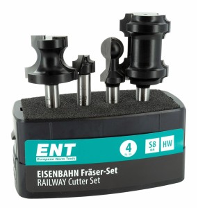 ENT 4-tlg. Eisenbahn-Fräser-Set zum Fräsen von Holzschienen, HW, Schaft (S) 8 mm