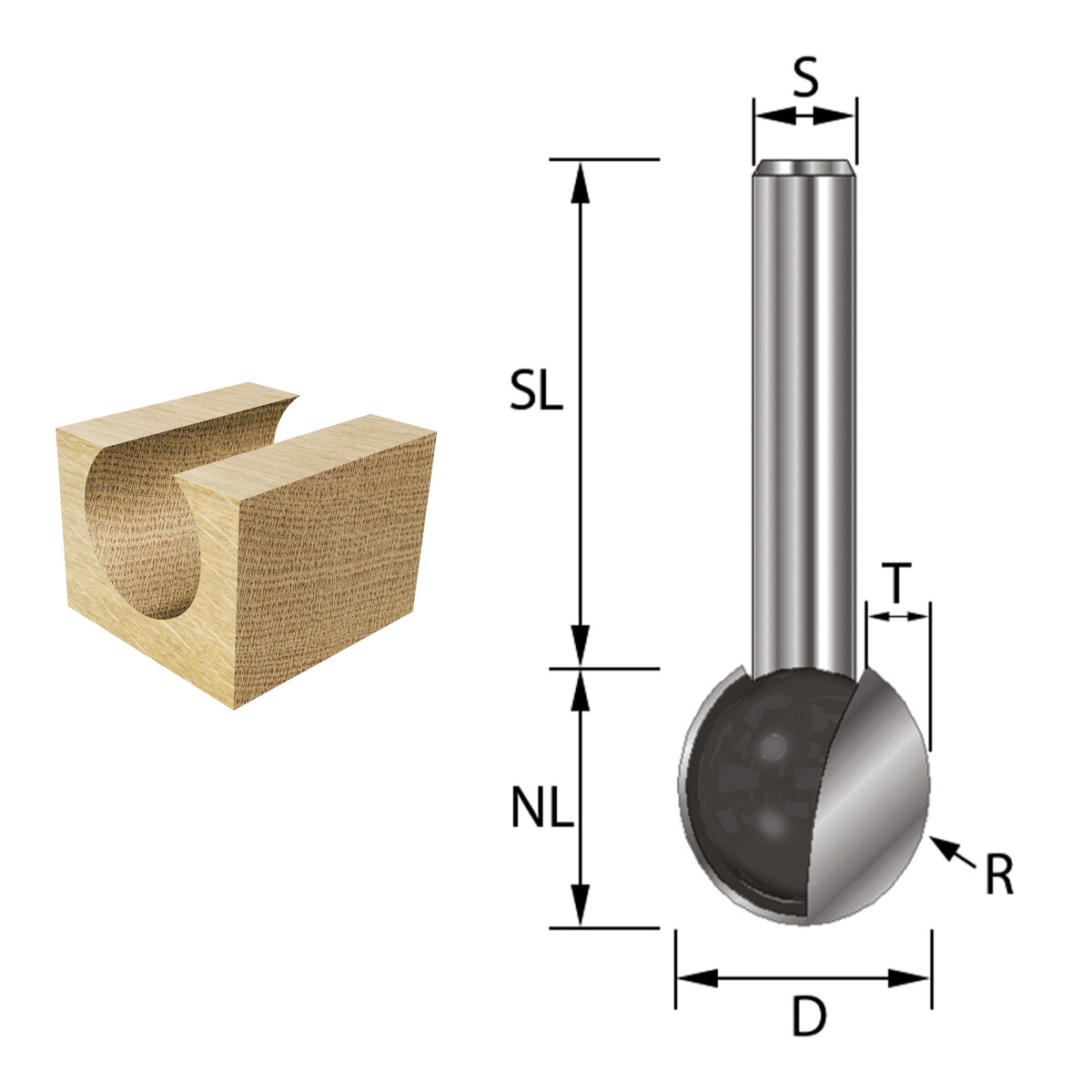 ENT 17060 Kugelfräser HW – 9,5 Mm D, R 4,75 Mm, 8 Mm Schaft, Für Runde Nuten In Holz